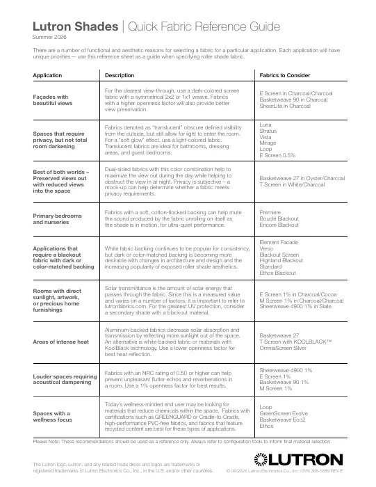 Lutron Shades — Quick Fabric Reference Guide